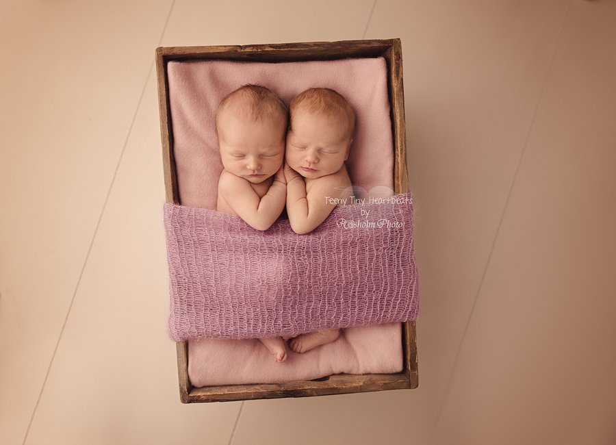 billede taget oppefra af nyfødte piger sovende sammen i trækasse med lyserødt tæppe