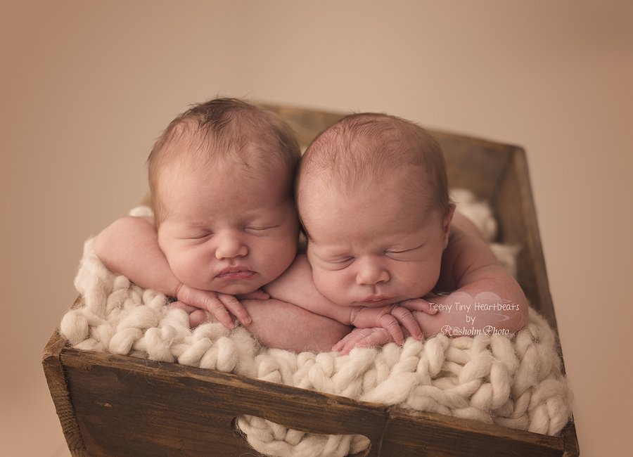 nyfødte tvillingepiger sovende i trækasse hos fotograf i Silkeborg